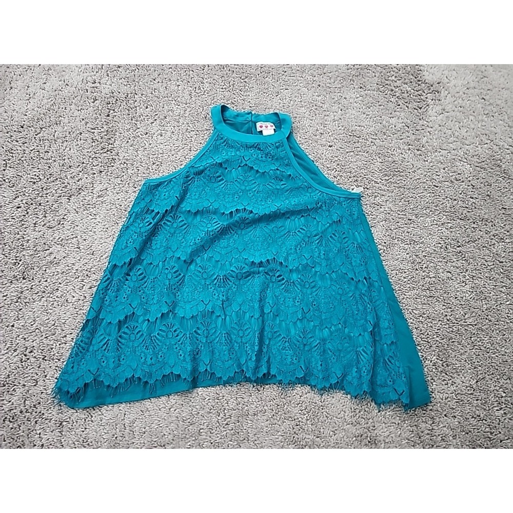 Three Pink Hearts Halter Top Womens L Teal Blue Lace Overlay Casual Boho